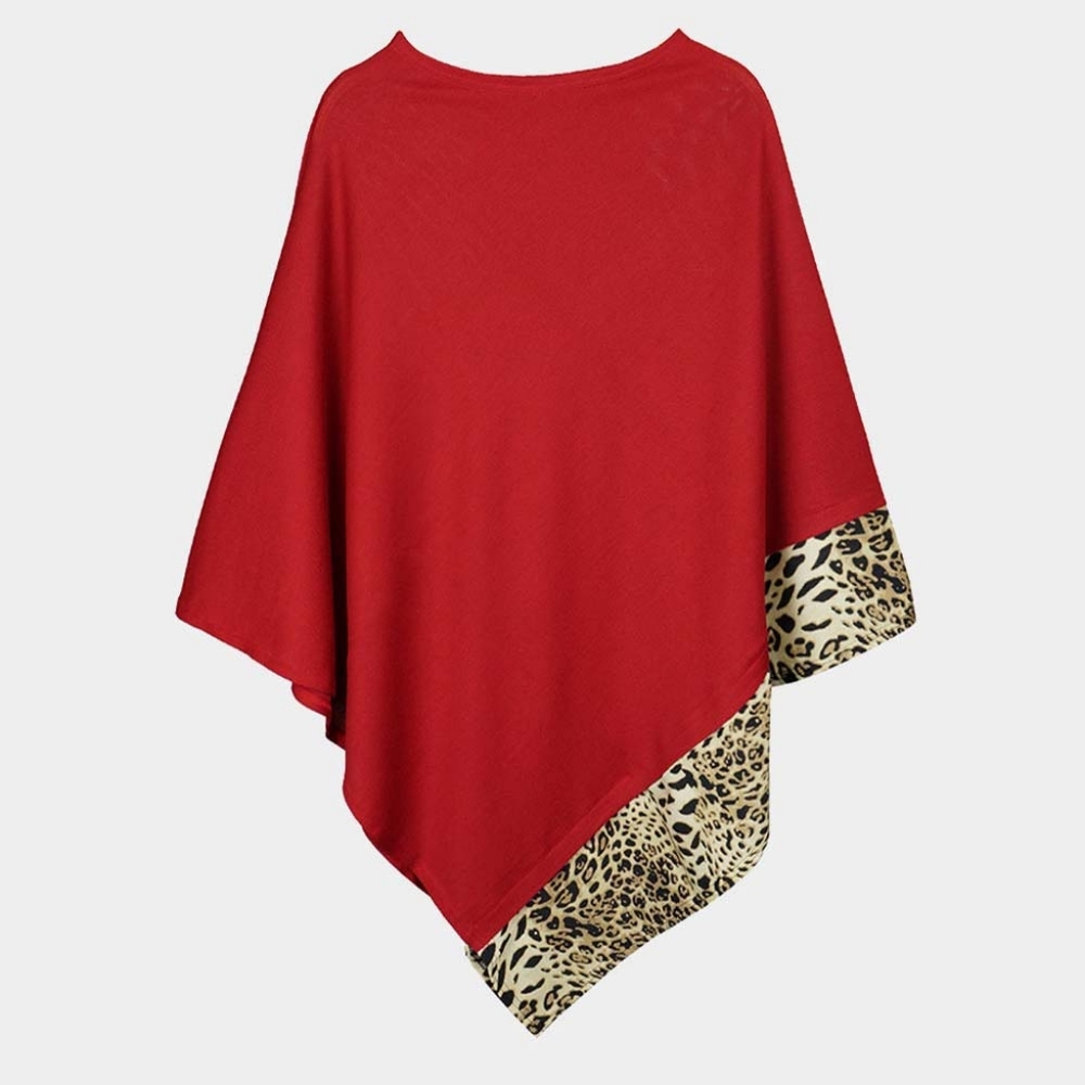 Red Black Leopard Print Trimmed Poncho Sweater Fashion Statement Accessories